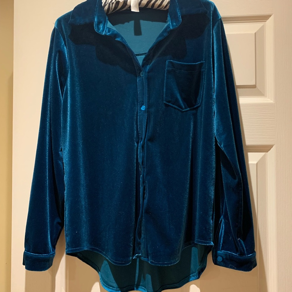 Oversized Velour Button-Down Shirt in Teal